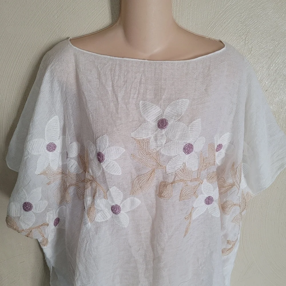 Memories Fashion Ivory Swim Cover Up Poncho with Floral Embroidery One Size